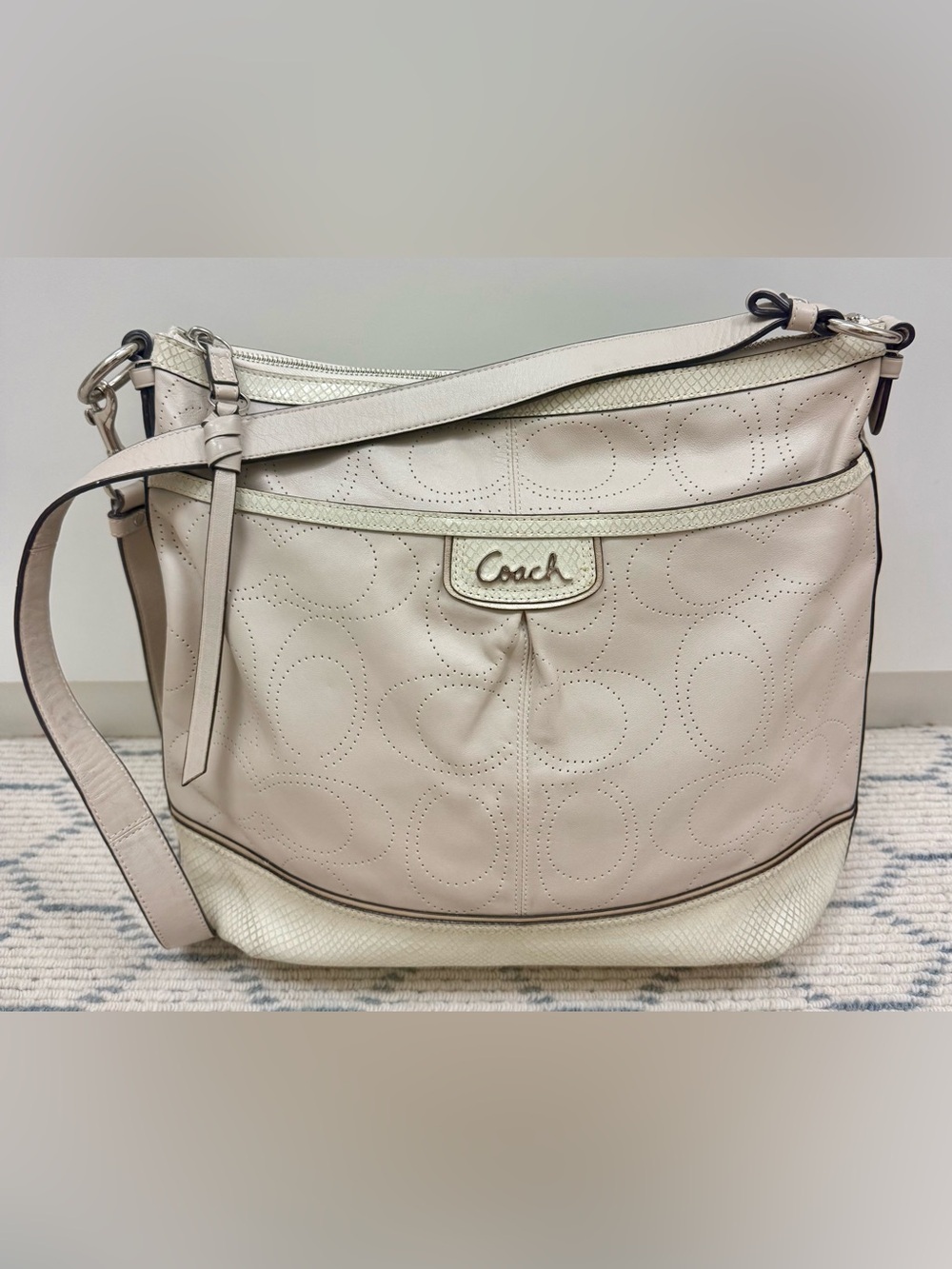 COACH Vintage Y2K Ivory Park Perforated & Snakeskin Embossed Leather Hobo Bag